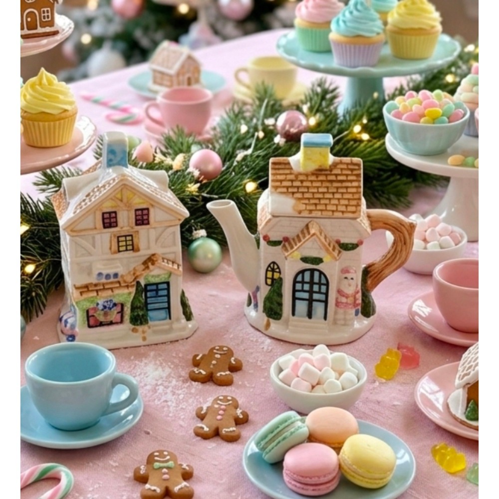 Vintage Style Ceramic Christmas Village Teapot and House Set Holiday Decor